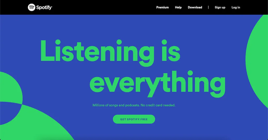 An example home page from Spotify showing really simple design with a very clear call-to-action
